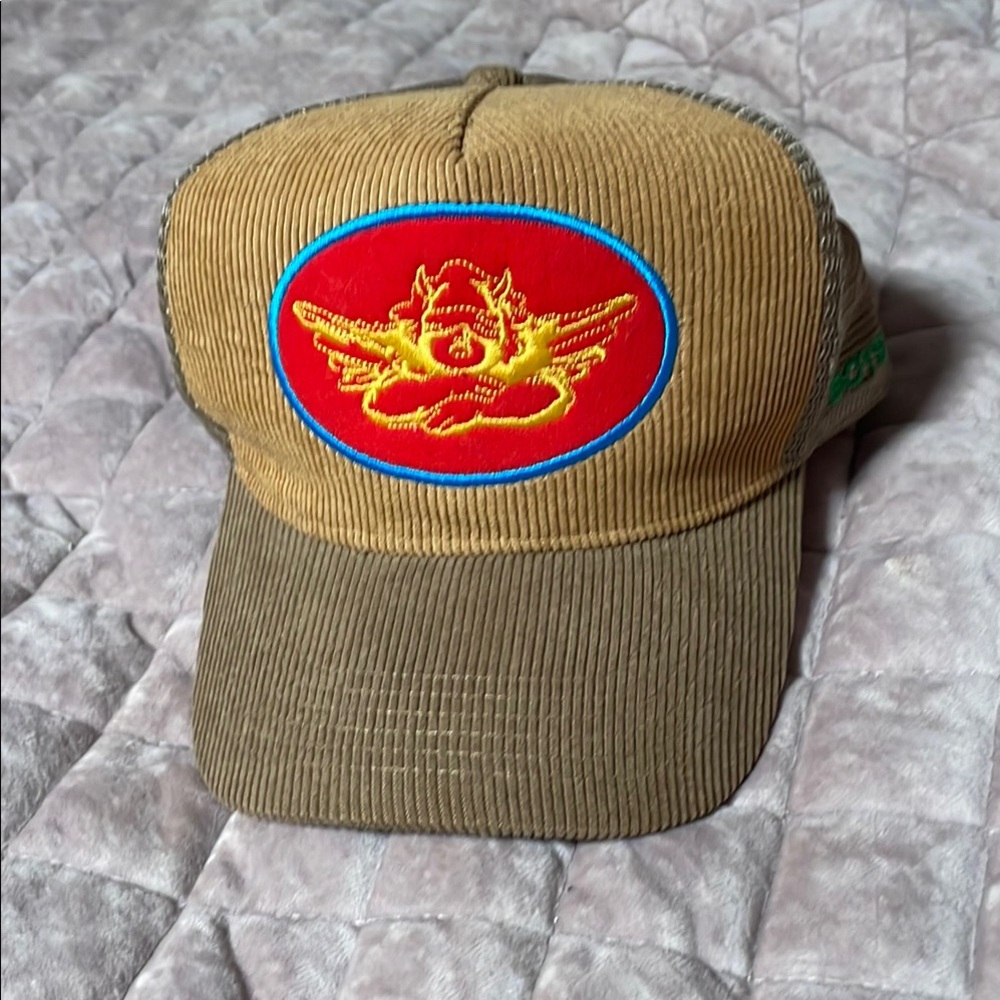 Boys Lie Tan Corduroy Trucker Hat with Red and Blue Patch